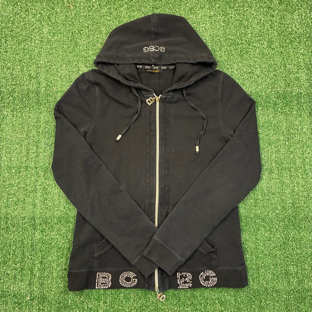 Y2K 2000's BCBG Max Azria Hoodie Black Rhinestone Zip Up Sweatshirt